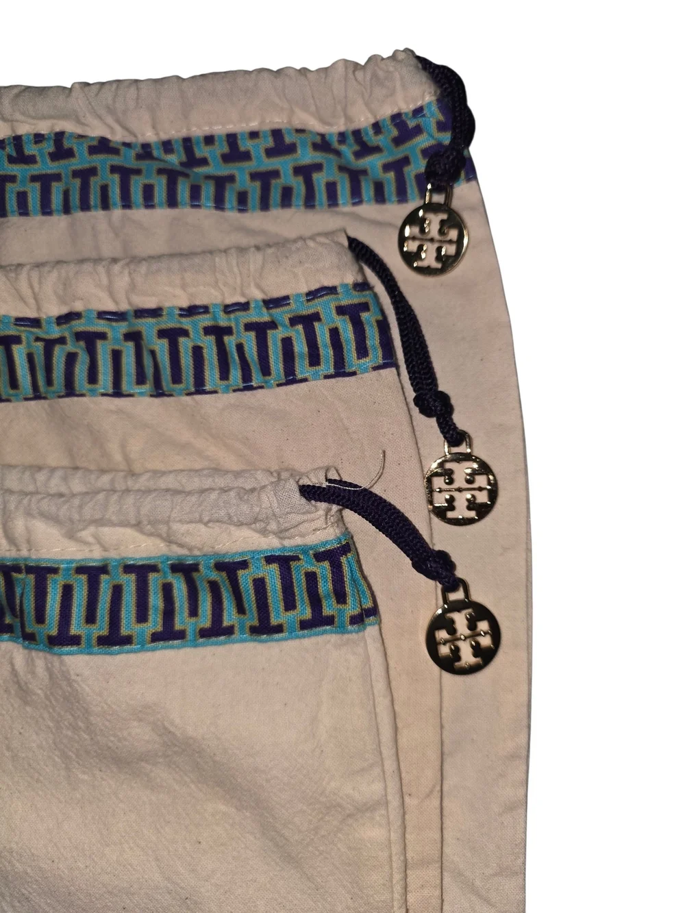 Tory Burch Beige Drawstring Dust Bag with Blue Trim- 3 Piece Set